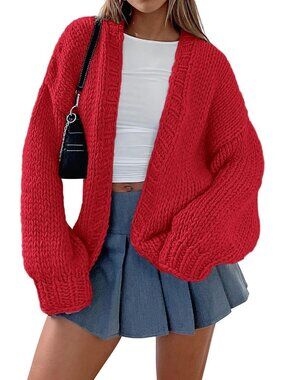 Women's Red Chunky Knit Oversized Open Front Cozy Cardigan Sweater